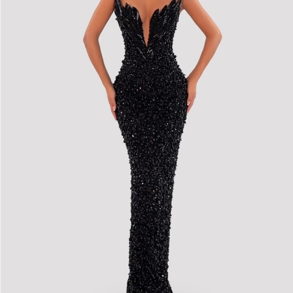 Albina Dyla Black Sequin Embellished Plunge Neck Gown